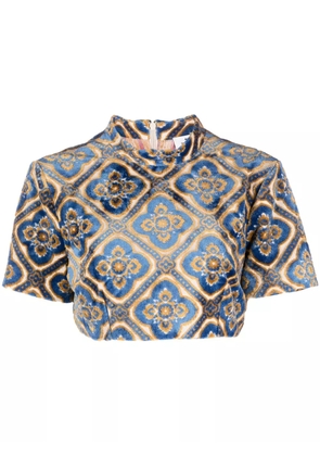 ETRO abstract-print velvet crop top - Blue