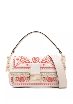 FENDI Baguette embroidered fringed tote bag - Neutrals