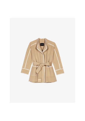 Womens Maje Embroidered-Trim High-Neck Wool-Blend Coat