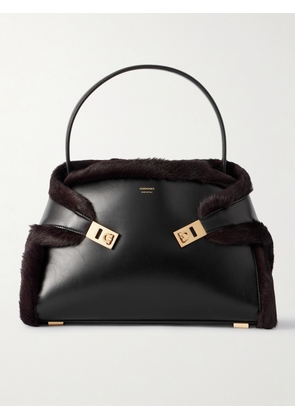 Ferragamo - Hug Shearling-trimmed Leather Shoulder Bag - Black - One size