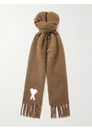AMI PARIS - Logo-Intarsia Fringed Alpaca-Blend Scarf - Men - Brown