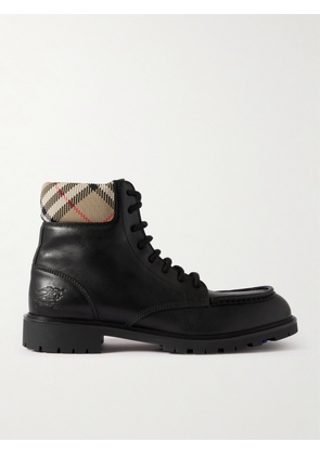 Burberry - Checked Canvas-Trimmed Leather Boots - Men - Black - EU 41