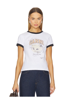 Ganni Basic Cotton Jersey Kitty Fitted T-shirt in White. Size L. Also in M, S, XL, XS, XXS.