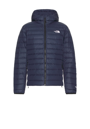 The North Face Down Hooded Jacket in Blue. Size L. Also in M, S, XL/1X, XXL/2X.
