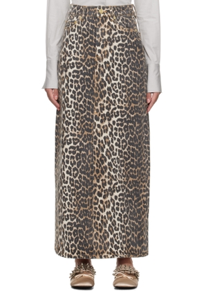 GANNI Brown Leopard Denim Maxi Skirt