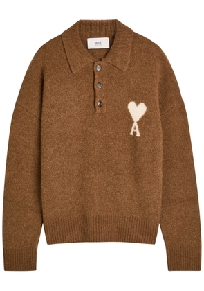 Ami Paris Logo-intarsia Alpaca-blend Polo Jumper - Brown - S