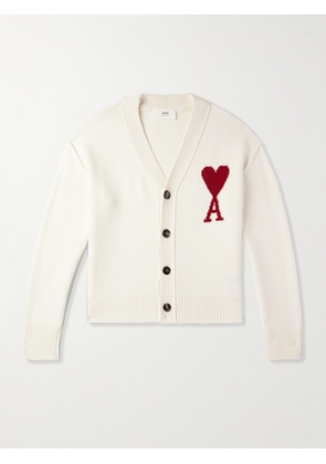 AMI PARIS - Logo-Intarsia Merino Wool Cardigan - Men - Neutrals - XS
