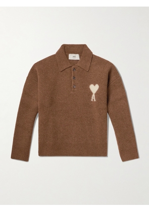 AMI PARIS - Logo-Instarsia Alpaca and Wool-Blend Polo Sweater - Men - Brown - XS