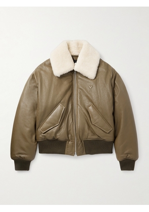 AMI PARIS - Shearling-Trimmed Logo-Embossed Leather Aviator Jacket - Men - Green - XS