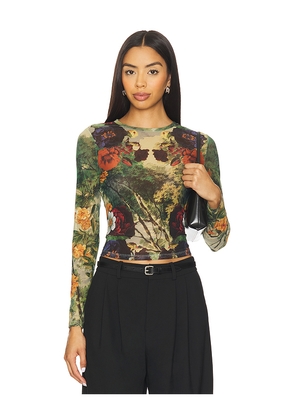 Alice + Olivia Delaina Printed Mesh Long Sleeve Crop Top in NA. Size M. Also in L, S, XS.