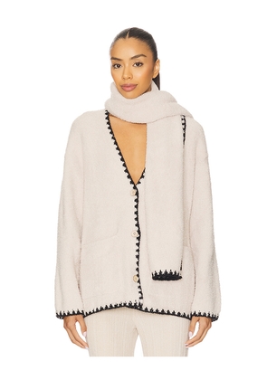 Barefoot Dreams CozyChic Blanket Stitch Cardigan With Detachable Scarf in Cream. Size L. Also in M, S, XL, XS.