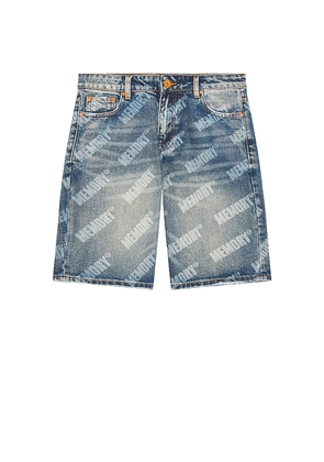 Memory Lane Repeat Core Logo Baggy Denim Shorts in Blue. Size 30. Also in 32, 34, 36.