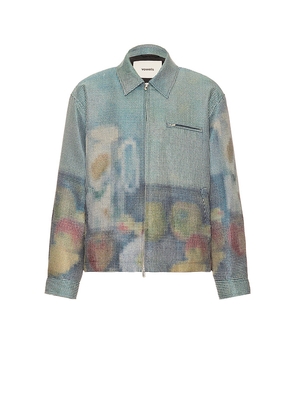 vowels Abstract Fruit Zip Up Work Jacket in Blue. Size 2. Also in 3, 4.