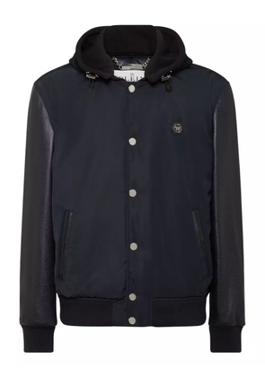 Philipp Plein leather-sleeve hooded bomber jacket - Blue