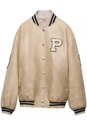 Prada logo-appliqué leather bomber jacket - Neutrals