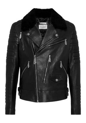 Philipp Plein shearling-collared biker jacket - Black