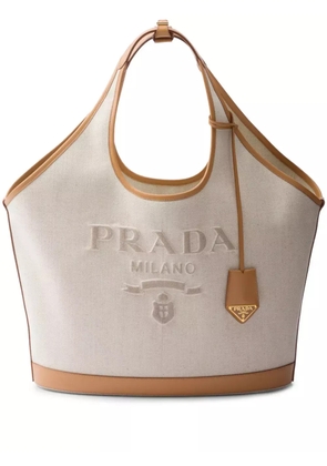 Prada large logo-embroidered tote bag - Neutrals