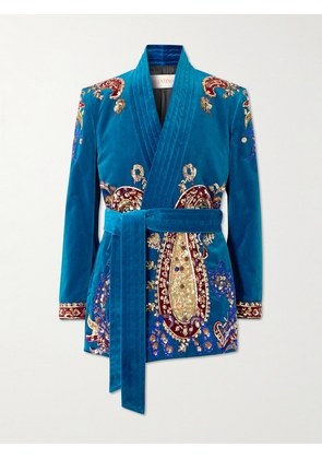 Valentino Garavani - Belted Sequin-Embellished Cotton-Velvet Jacket - Men - Blue - IT 48