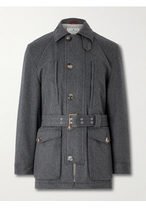 Brunello Cucinelli - Cappotto Belted Leather-Trimmed Wool Field Jacket - Men - Gray - IT 46