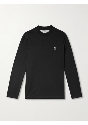 Brunello Cucinelli - Logo-Embroidered Cotton-Jersey Mock-Neck T-Shirt - Men - Black - S