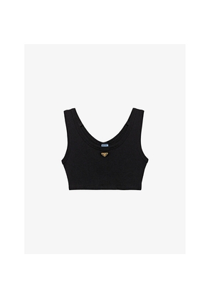 Womens Prada Logo-Plaque Cropped Cotton-Jersey Tank Top