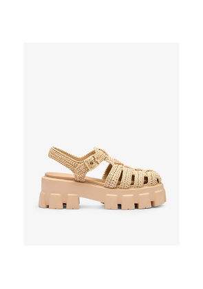 Womens Prada Monolith Logo-Plaque Chunky-Sole Caged Crochet Sandals