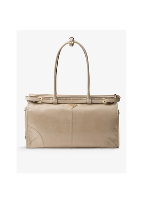 Womens Prada Logo-Plaque Large Leather Top-Handle Bag