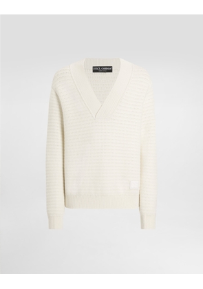 Dolce & Gabbana Wool V-neck Sweater With Dg Embroidery - Man Sweaters And Cardigans White 52