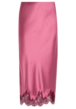 Loveshackfancy Malina Lace-trim Silk Midi Skirt - Dark Pink - L (UK14 / L)