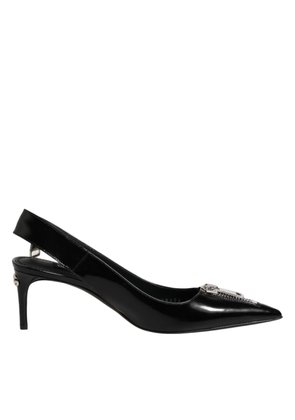 Dolce & Gabbana Black Zipper Leather Heels Slingbacks Shoes - EU37/US6.5