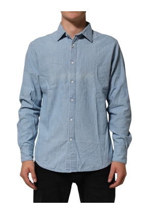Deperlu Blue Denim Regular Fit Collared Long Sleeve Men Shirt - XL