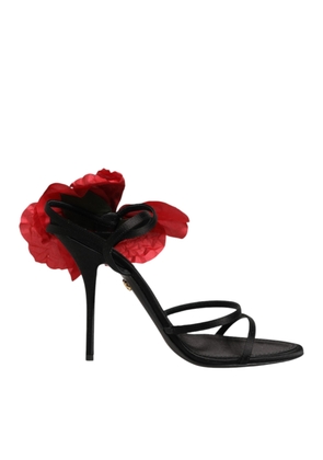 Dolce & Gabbana Black Leather Strappy Flower Heels Sandals  Shoes - EU39/US8.5
