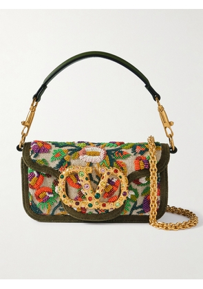 Valentino Garavani - Locò Small Velvet And Leather-trimmed Embellished Linen Shoulder Bag - Multi - One size