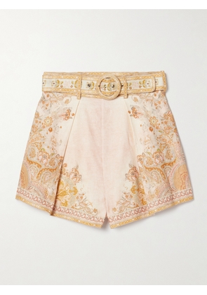 Zimmermann - Acacia Belted Pleated Printed Linen Shorts - Neutrals - 00,0,1,2,3,4