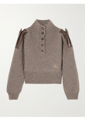 Burberry - Leather-trimmed Ribbed Wool Polo Sweater - Brown - xx small,x small,small,medium,large,x large