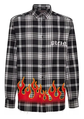 Philipp Plein flame-print plaid cotton shirt - Black