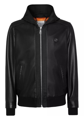 Philipp Plein leather and satin hooded bomber jacket - Black