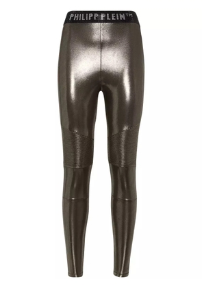 Philipp Plein logo-waistband lamé leggings - Gold