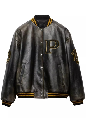 Prada logo-appliqué leather bomber jacket - Black