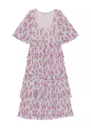 GANNI pleated floral-print midi dress - White