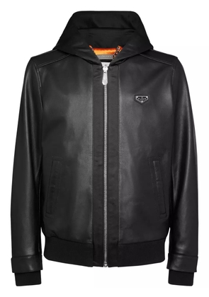 Philipp Plein leather hooded bomber jacket - Black