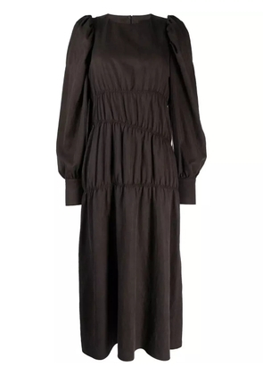Goen.J ruched puffed-sleeve midi dress - Brown