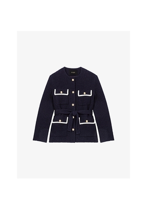Womens Maje Belted Patch-Pocket Stretch-Tweed Jacket