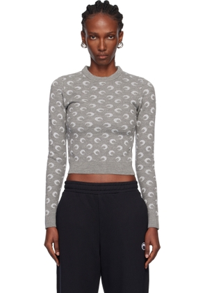 Marine Serre Gray Moon Jacquard Knit Fitted Crewneck Sweater