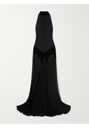 MCQUEEN - Cotton Velvet-trimmed Gathered Silk-georgette Turtleneck Gown - Black - IT44,IT46,IT48