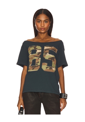 DAYDREAMER 85 Camo Applique Off The Shoulder Tee in Black. Size L. Also in S, XS.
