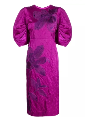 ERDEM floral-embroidered puff-sleeve midi dress - Purple