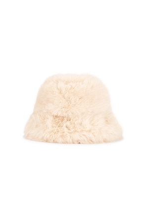 jocelyn Oversized Faux Fur Bucket Hat in Beige.