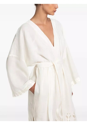 GREEK ARCHAIC KORI Feather belt embroidered kimono blouse - Neutrals