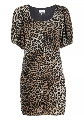 GANNI leopard-print ruched mini dress - Brown